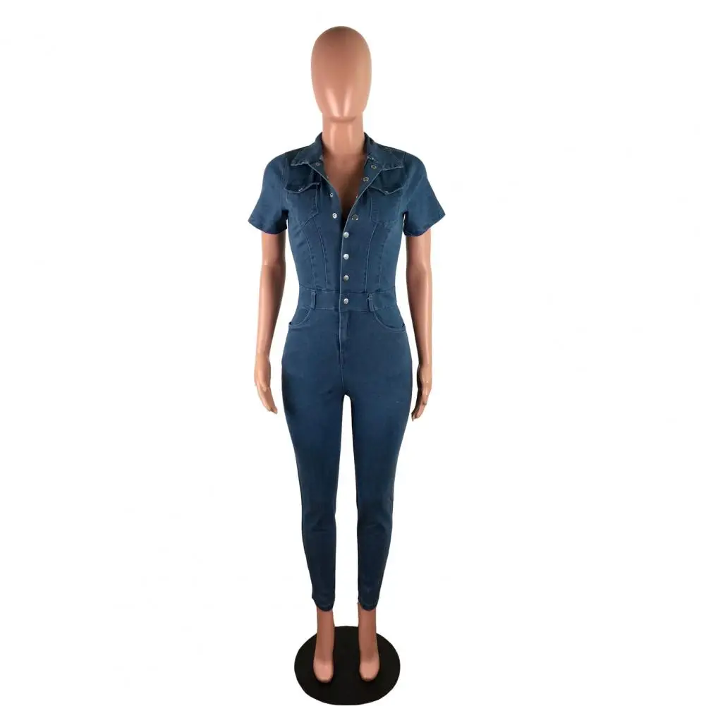 

Women's Spring New Sexy Fashion Slim-fit Denim Rompers Short Sleeve Lapel Single Breasted Denim Rompers Pencil Pants Jumpsuit