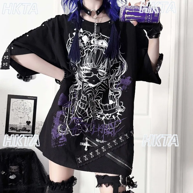 Subculture Dark Y2k Two Dimensional Printing Short Sleeve Tshirt Goth Personality Sweet Cool Loose Top Contrasting T Shirt Women