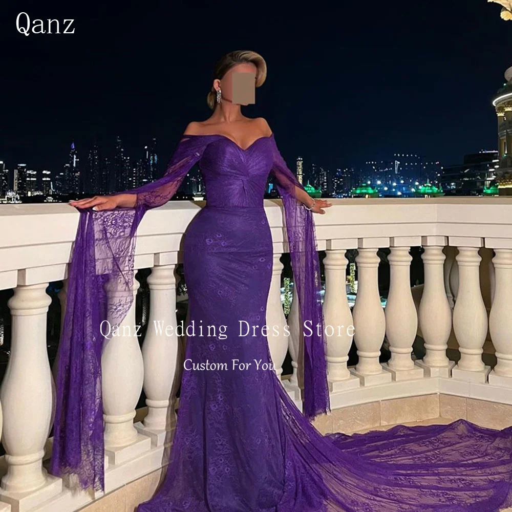 

Qanz Purple Lace Luxury Evening Dresses Long Cape Sleeves Mermaid Vestidos De Fiesta Elegantes 2024 Abendkleider Dubai