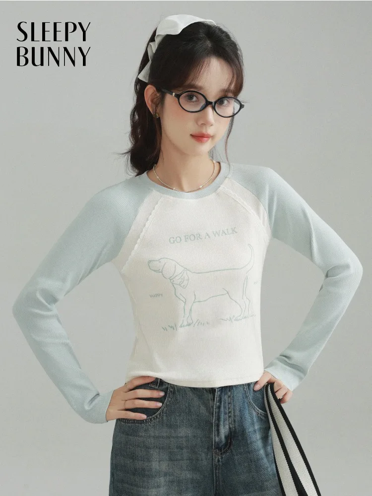 

Шикарная футболка реглан с принтом, женская облегающая футболка с длинным рукавом, повседневная молодежная футболка с круглым вырезом и цветными блоками для осеннего многослойного наряда