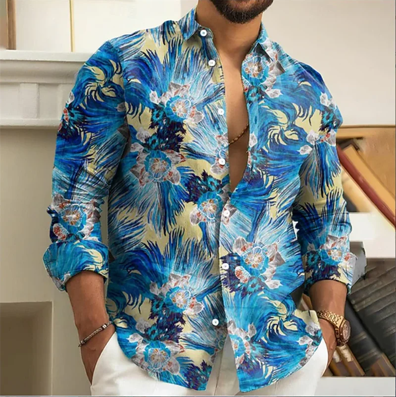 New Men's Casual Shirt Long Sleeve Button Flap Collar 3D Striped Printed Shirt Men's Fashion Long Sleeve Shirt Top