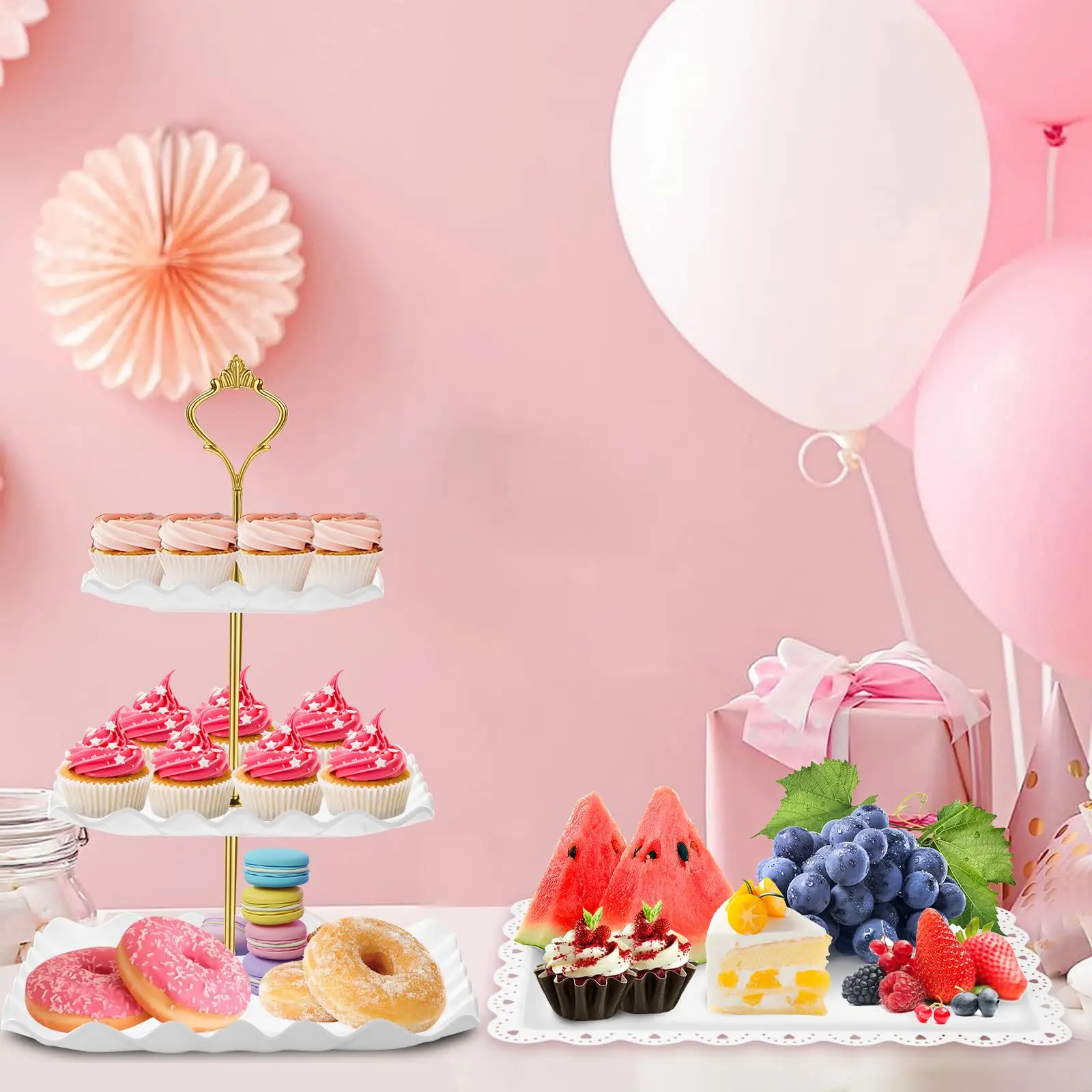 5 Pcs Dessert Table Display Set- 3 Tier Cupcake Stand & Serving Tray Cake Stands for Tea Party, Birthday, Baby Shower, Bridal Shower Decorations, Thicker Food-Graded Plastic, Metal Rod, Reusable