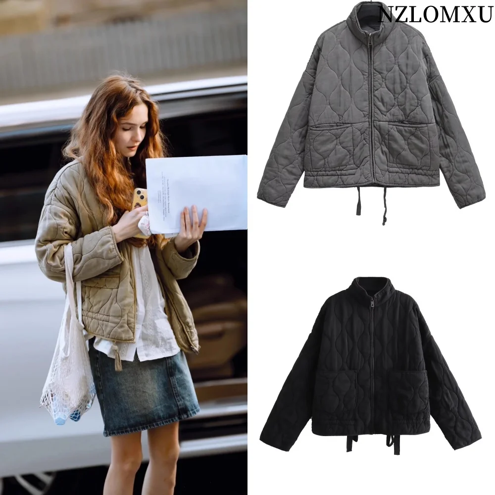 

Women's Diamond Check Cotton Jacket Round Neck Loose Long Sleeve Zip Cotton Jacket Vintage Street Fashion Pocket Warm Top