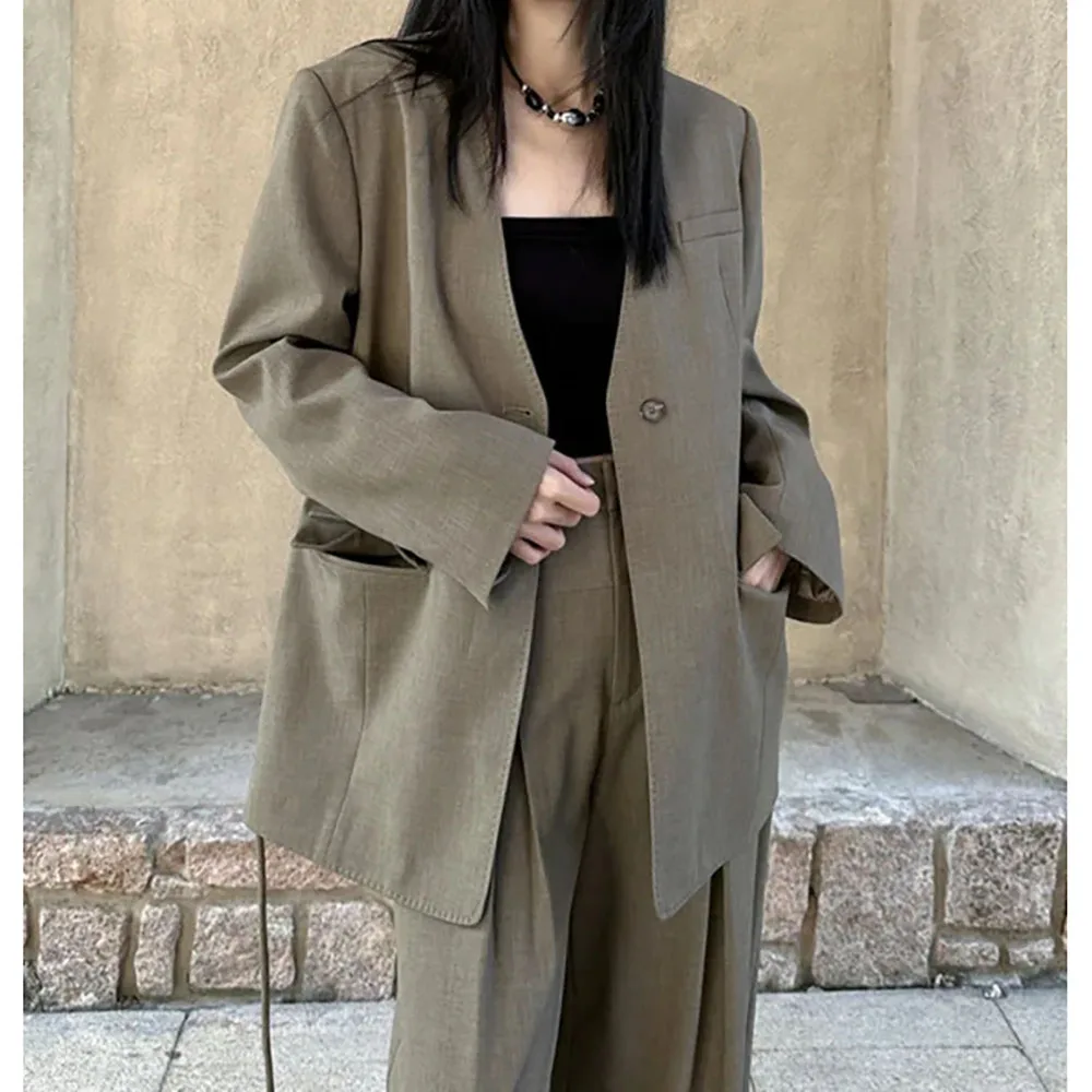 Loose Solid Color Women Suits One Button Collarless 2 Piece Jacket Pants Blazer Sets Elegant Office Lady Clothing Full Set Terno