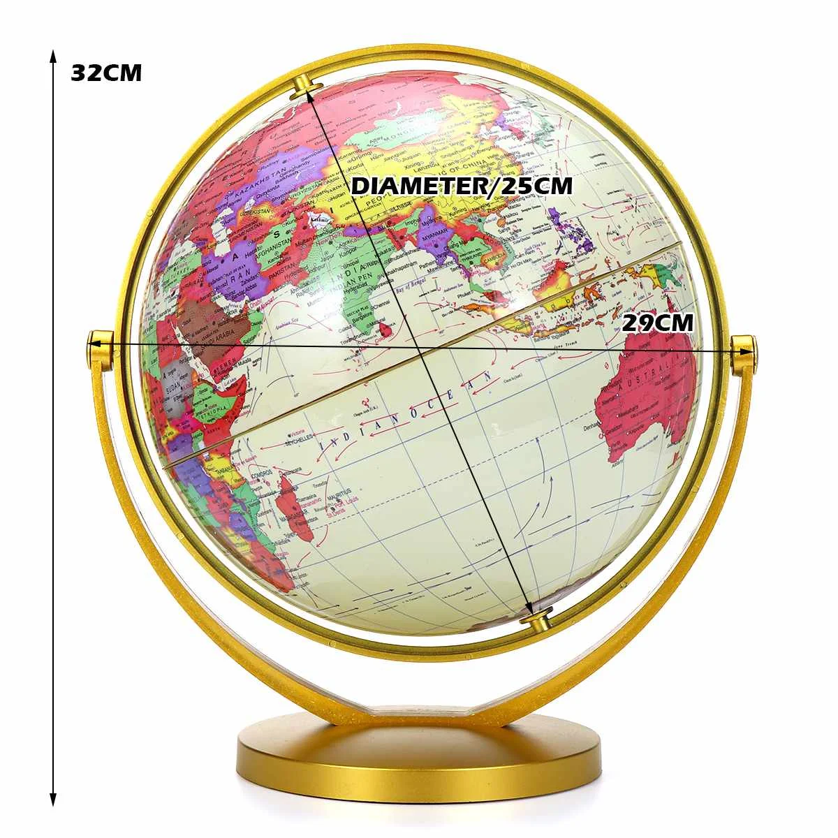 14CM/25CM Gold World Globe Map 360° Rotating With Stand School Geography Educational Supplies Kids Exploring Home Office Decor