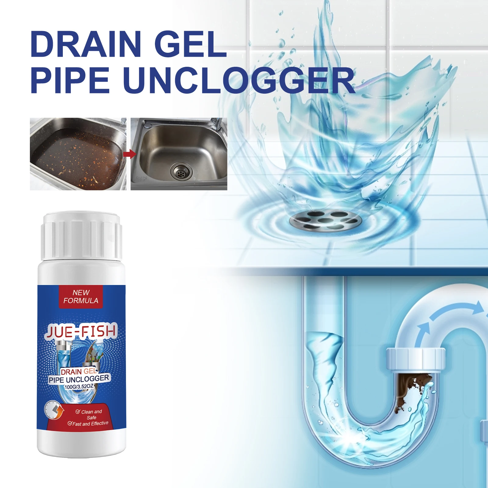 

Очиститель сливных изделий; Раковина; Кухня; Ванная комната; Сабо для сливной трубы Дезодорация пятен Быстрое очищение Очистка Обеззараживание