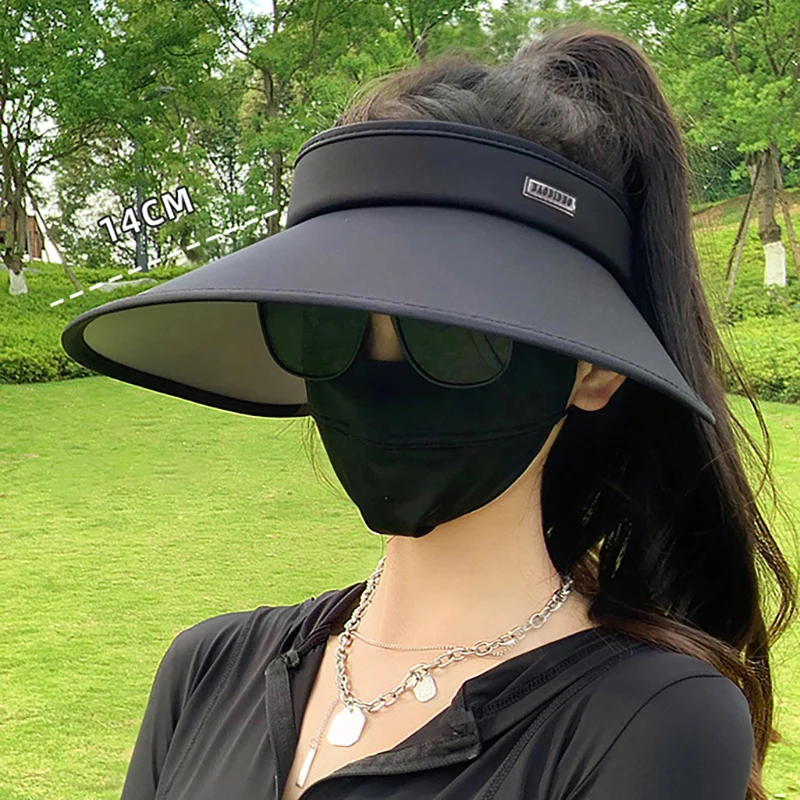 Korean Women Summer Sun Hat Large Brim Empty Top Ponytail Cap Outdoor Travel UV Protection Sunscreen Hats Girl Folding Visors 모자