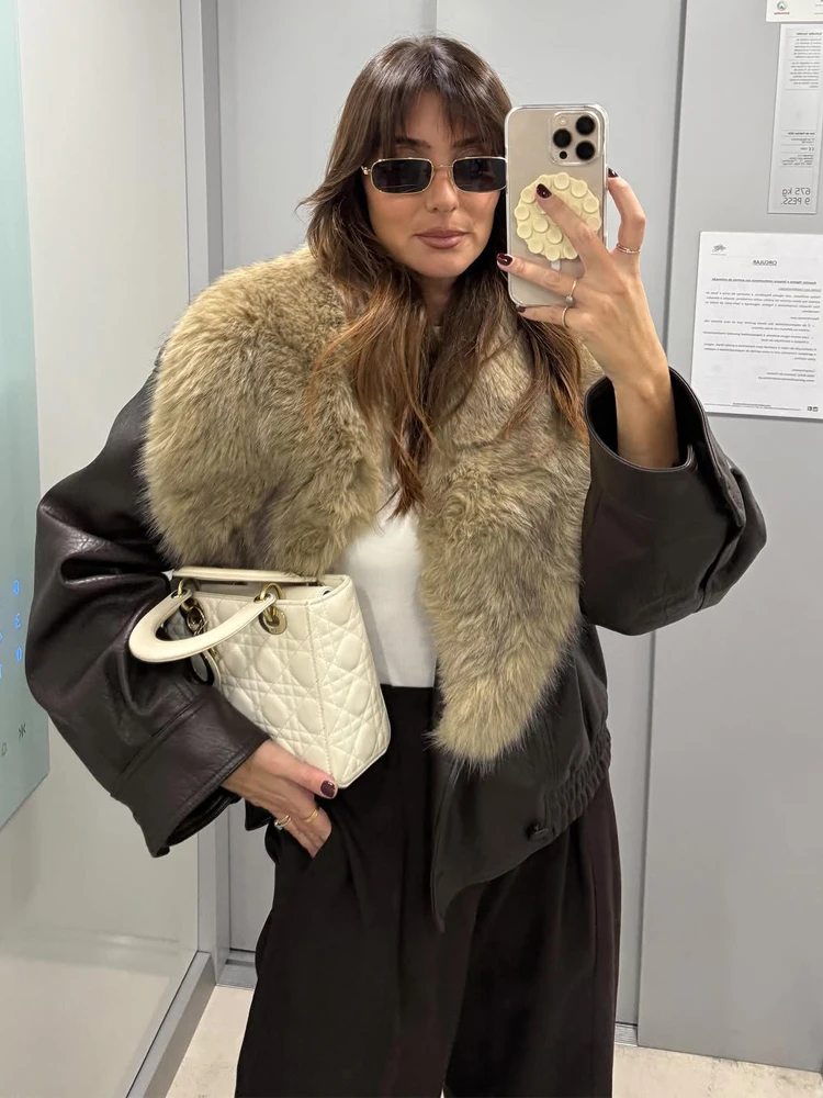 HH Giacca da donna in pelle con collo in pelliccia sintetica vintage Colletto staccabile invernale Cappotto bomber doppio petto Capispalla femminile da strada