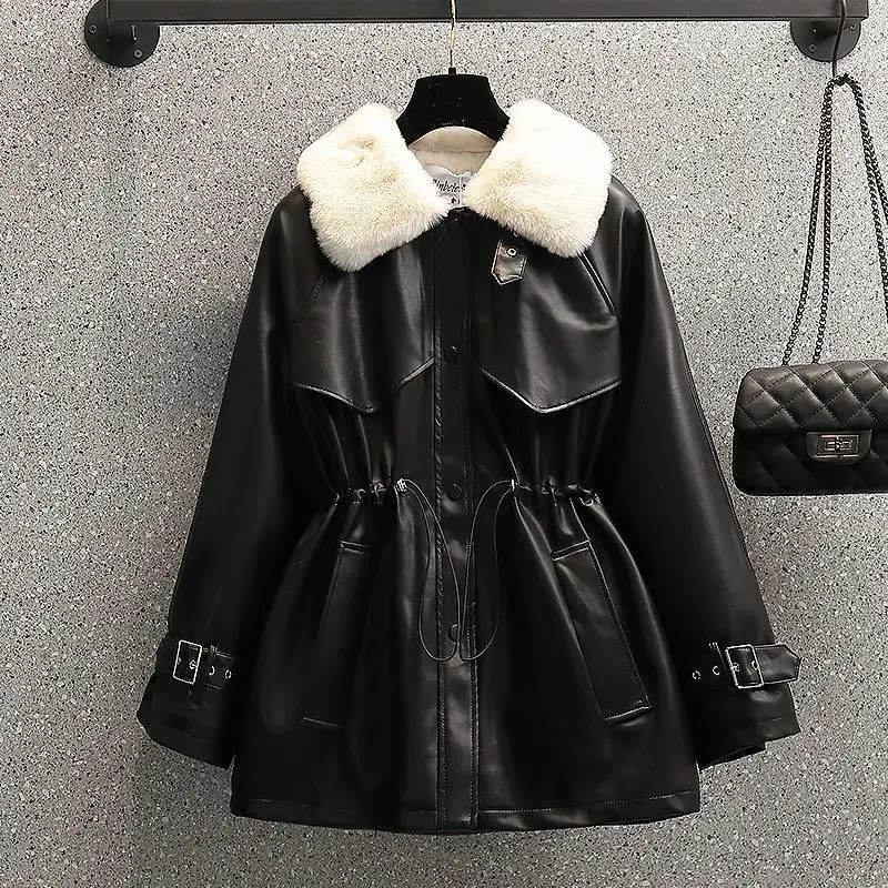 2026 Winter Age Reduction with Thick Velvet Loose Stand up Collar Motorcycle Wear PU Leather Jacket Long Sleeve Coat for Women