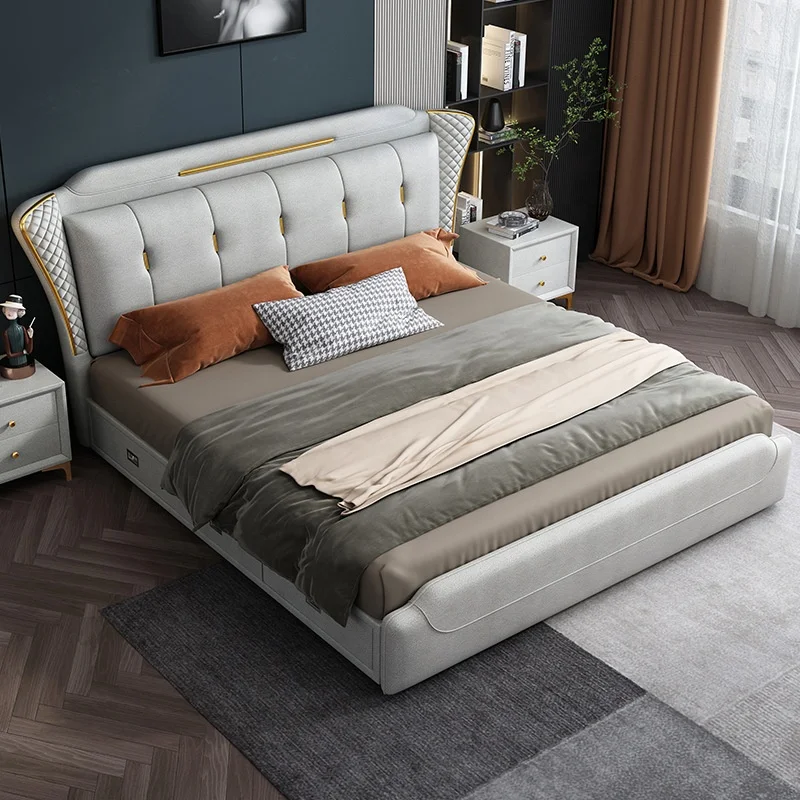 

Popular Luxury Modern Bedroom Furniture Queen Size Wooden Double Beds Popular Up-holstered Leather Princess Bed
