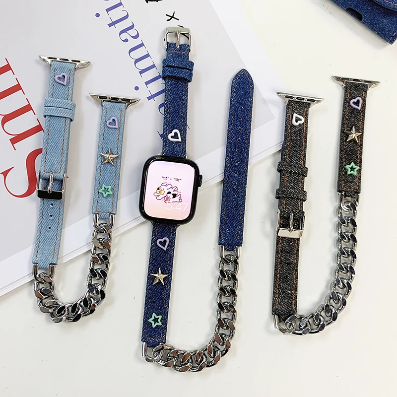 Ремешок джинсовый для Apple Watch Band 40 мм 49 мм 45 мм 41 мм 38 42 44, двойной туристический браслет для iWatch Series 7 8 9 Se6 5 4 3 Ultra