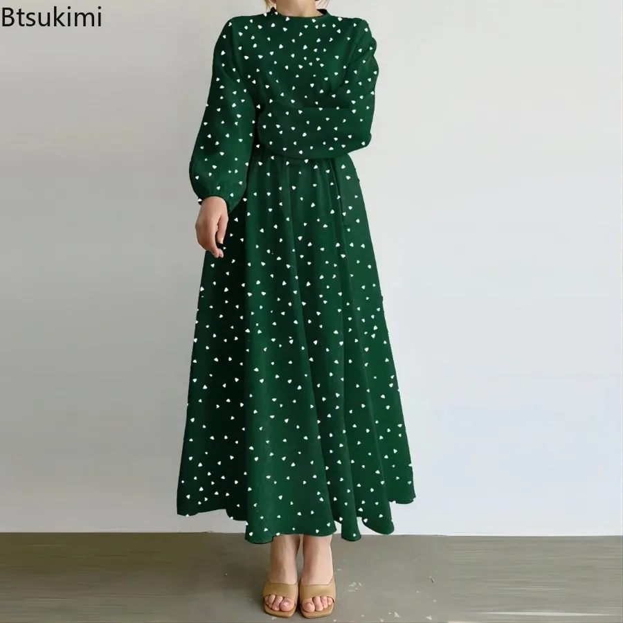 2025 New Style Fashion Muslim Women Casual Loose-Fit Waist-Fitted Long Robe Round Neck Heart-Shaped Printing Long Sleeve Dresses