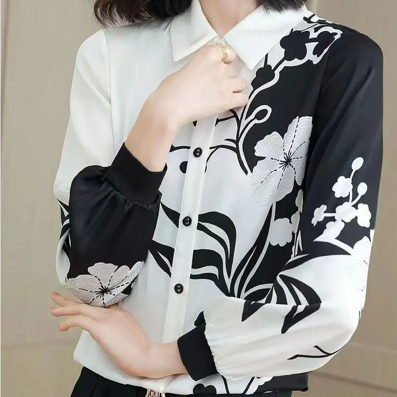 Stylish Chinese Style Printed Shirt Spring Long Sleeve Commute Turn-down Collar Female Clothing Single-breasted Spliced Blouse