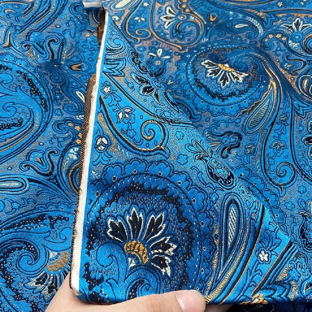 Pipa woven brocade jacquard fabric, navy blue, large European flower border ethnic fabric view 3