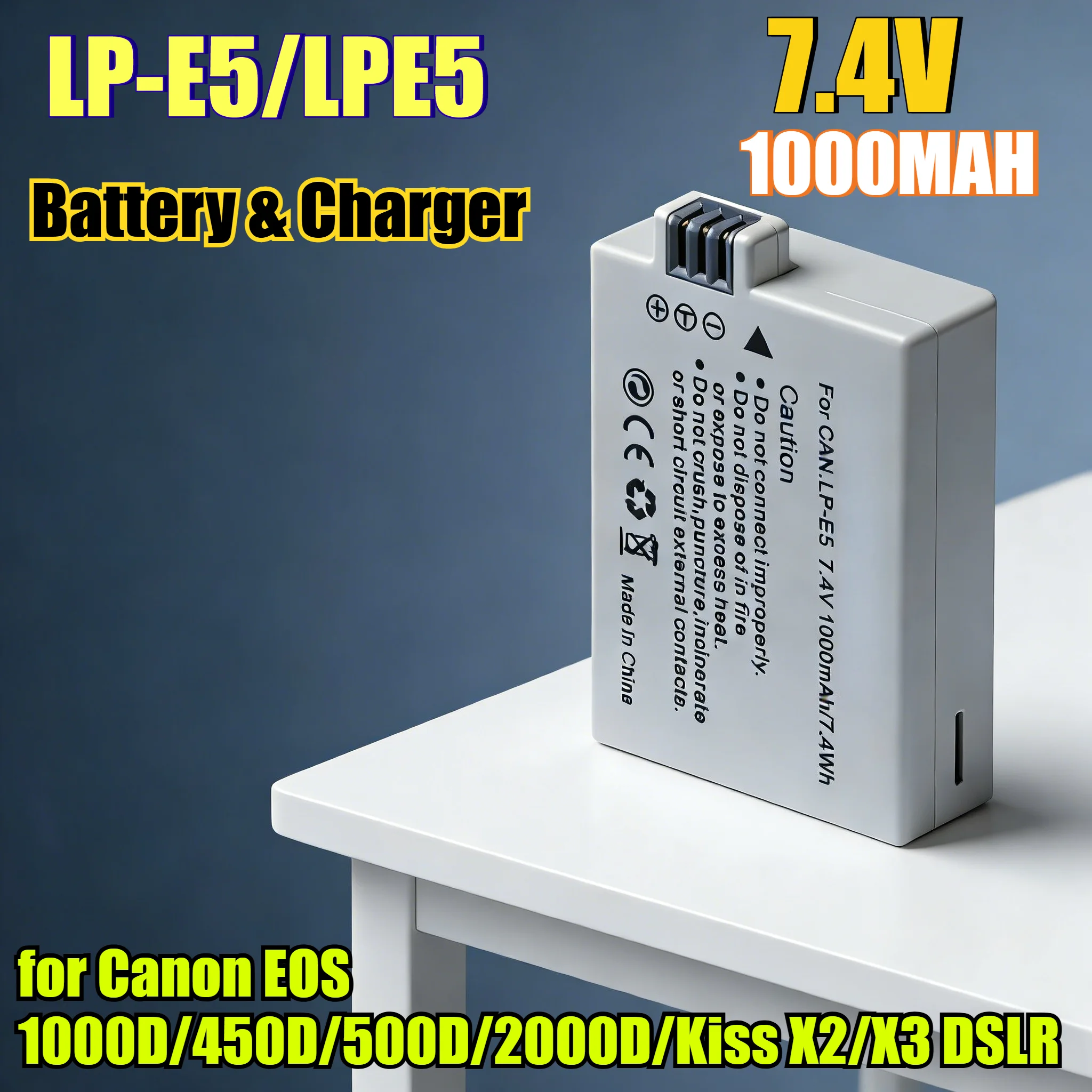 1000mAh LP-E5/LPE5 Li-ion Battery & Charger for Canon EOS 1000D/450D/500D/2000D/Kiss X2/X3 DSLR Camera High Capacity Replacement