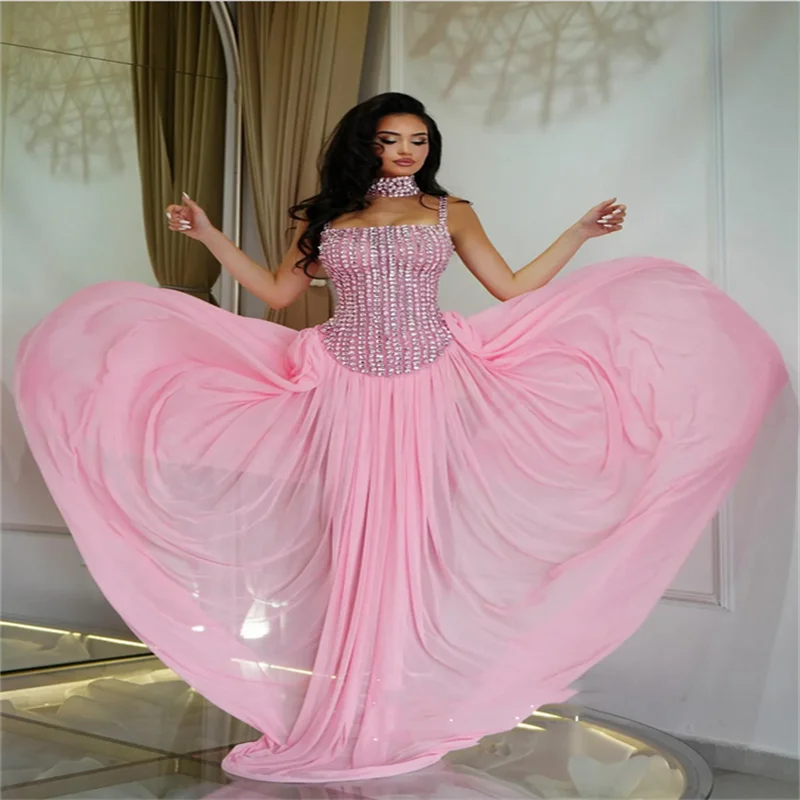 Sexy Crystal Pink Evening Dress Customized Spaghetti Straps See Through Sweep Train Chiffon Pageant Party Gown Prom Dresses