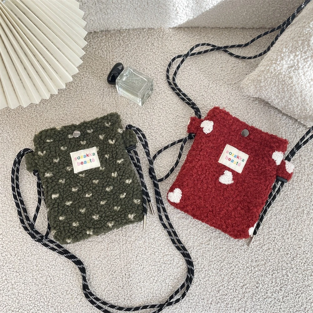 Women Plush Crossbody Bag Striped Floral Mobile Phone Bags Cute Mini Wallets Plush Shoulder Bags 2025 Autumn Winter Coin Purse image 4