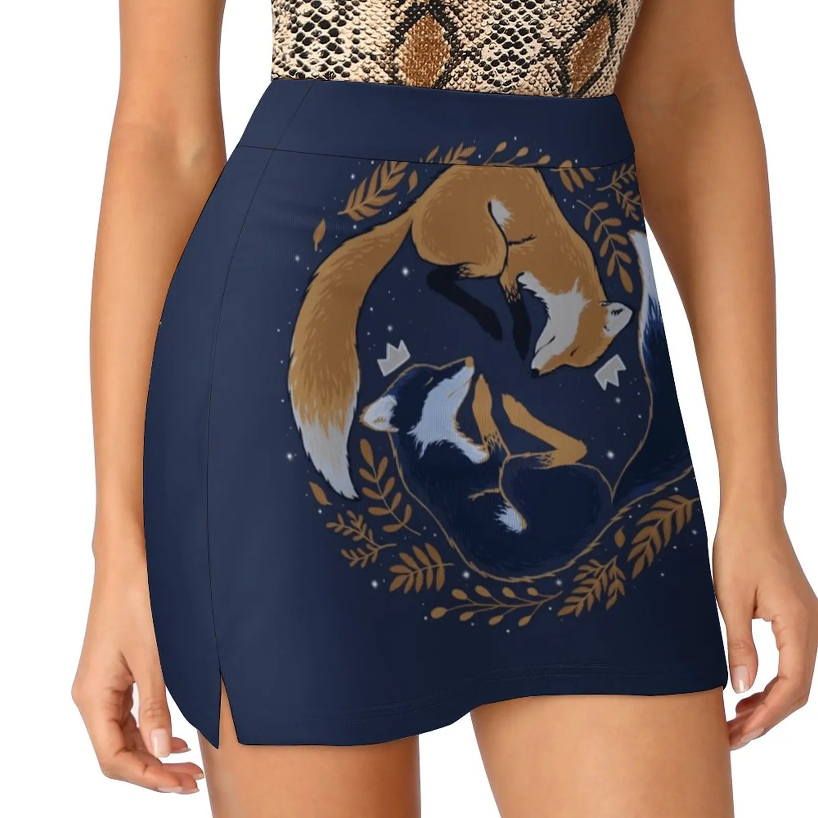 

Night Foxes Women's skirt Mini Skirts A Line Skirt With Hide Pocket Fox Night Forest Leaf King Golden Stars