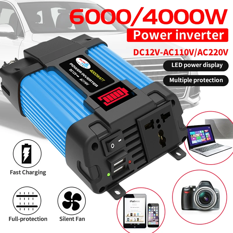 

Pure Sine Wave Inverter 4000W/6000W Dual Euro Socket Car Inverter DC 12V to AC 110V/220V Voltage Converter