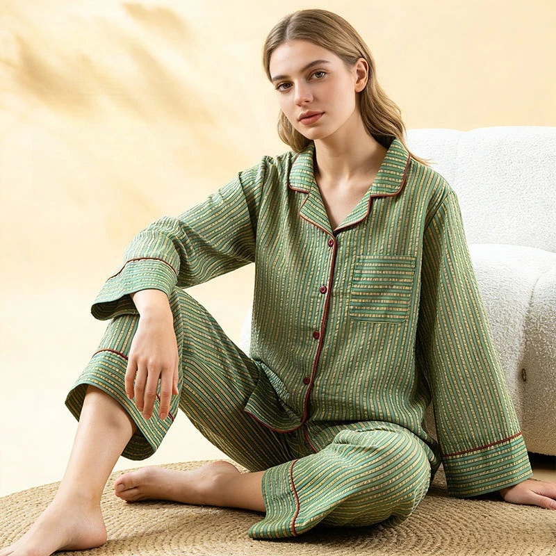 

Women's Cotton Striped Pajama Set Notched Lapel Contrast Piping Loose Button Down Sleepwear Long Sleeve Pants Home Wear