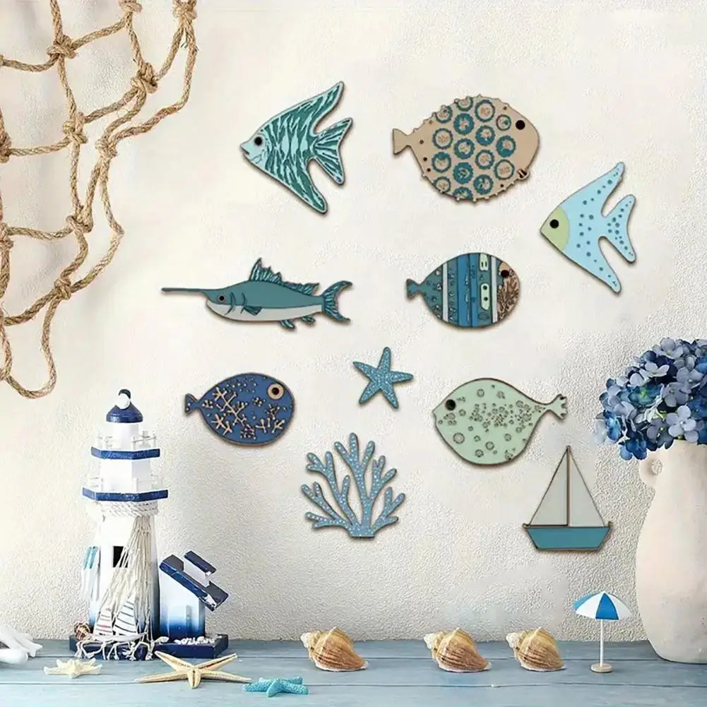 Wooden Fish Wall Decor 10 Pcs Nautical Wall Decor Set Rustic Wooden Fish Starfish Sculptures Coastal Beach Theme Ocean for Room