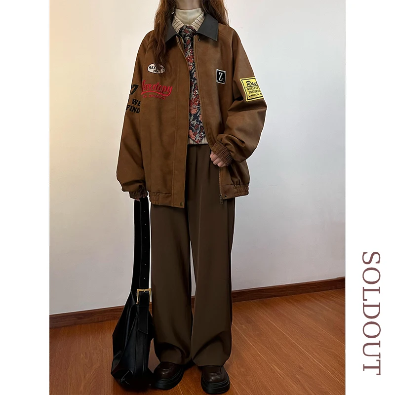 オリジナルアメリカンレトロ刺繍入りPUレザージャケット女性用ルーズメタルカラーアウタートレンディブランドストリートスタイルジッパー開閉