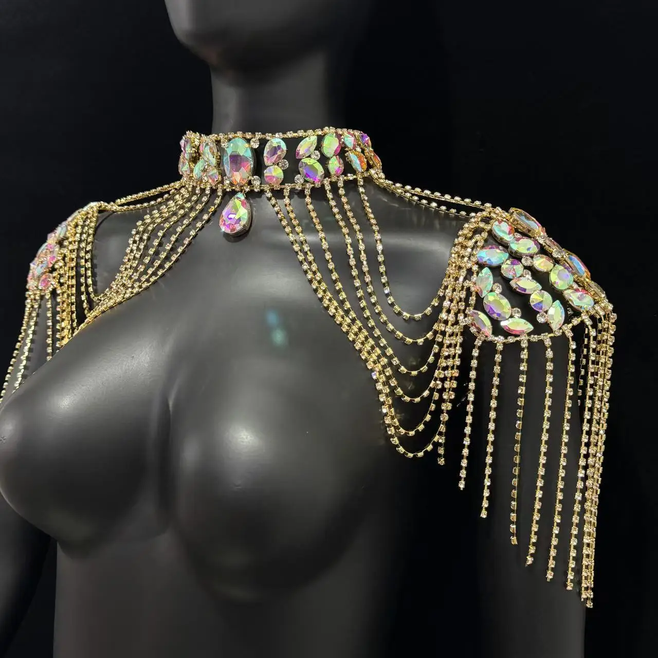 Luxury bride wedding crystal rhinestone shoulder chain handmade wedding dress long shoulder strap multi-layer tassel style body