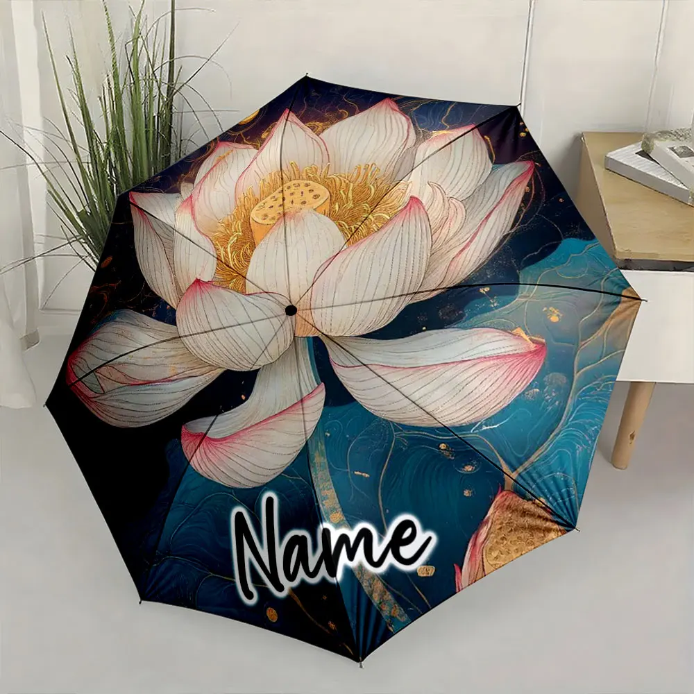 Custom Name Elegant Lotus Pattern Umbrella with Artistic Design Print 8 Iron Ribs Folding Umbrella Auto-Open Fashion Sunshade