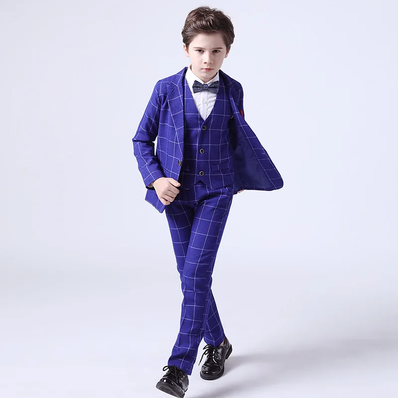 Traje Formal de moda para niño, esmoquin a cuadros de calidad, conjunto de boda, Blazer para niño adolescente, pantalones con pajarita, camisa,