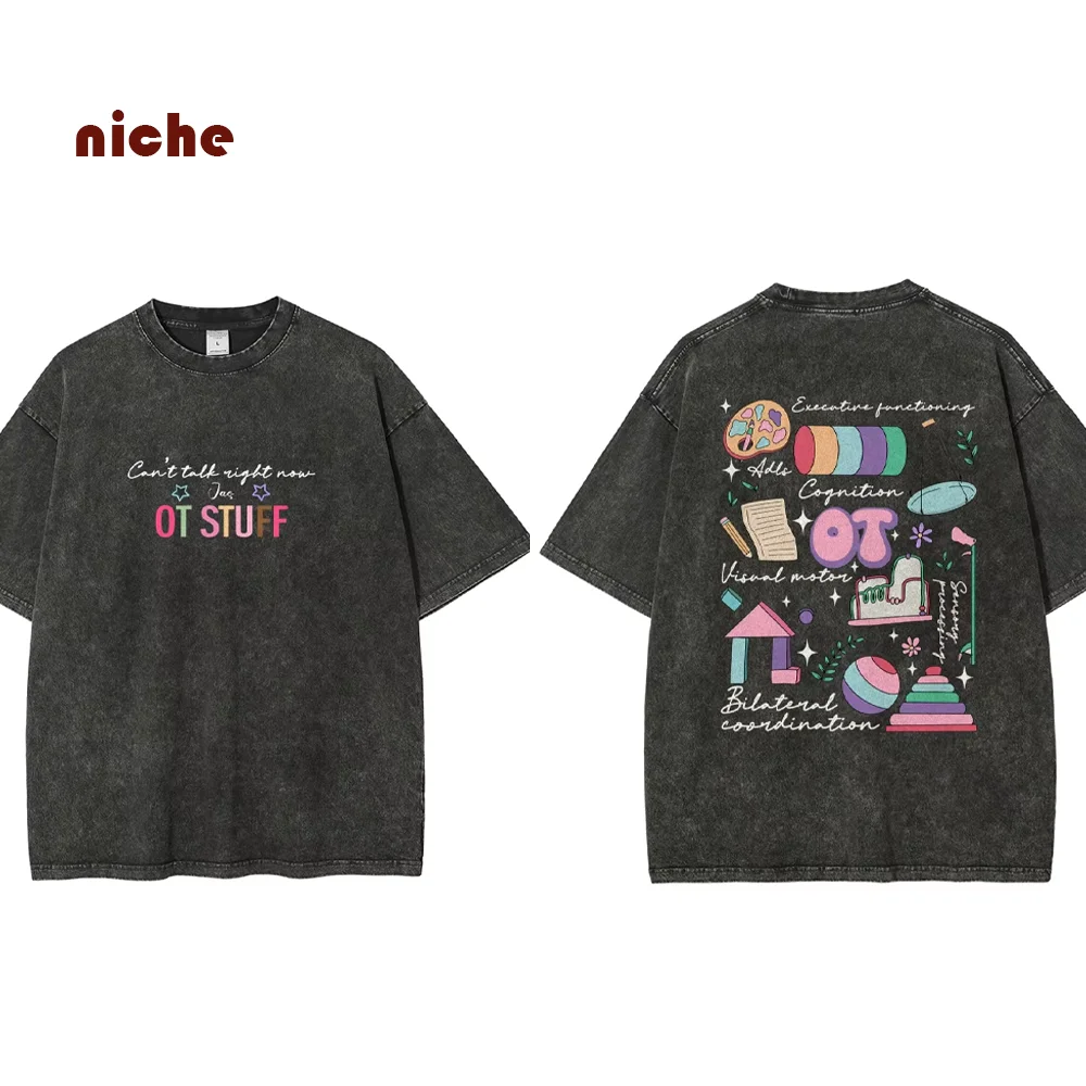 

Color Retro Letter Cartoon Print T-Shirt Loose Shoulder Round Neck Pullover High Gram Weight Pure Cotton New Short Sleeves