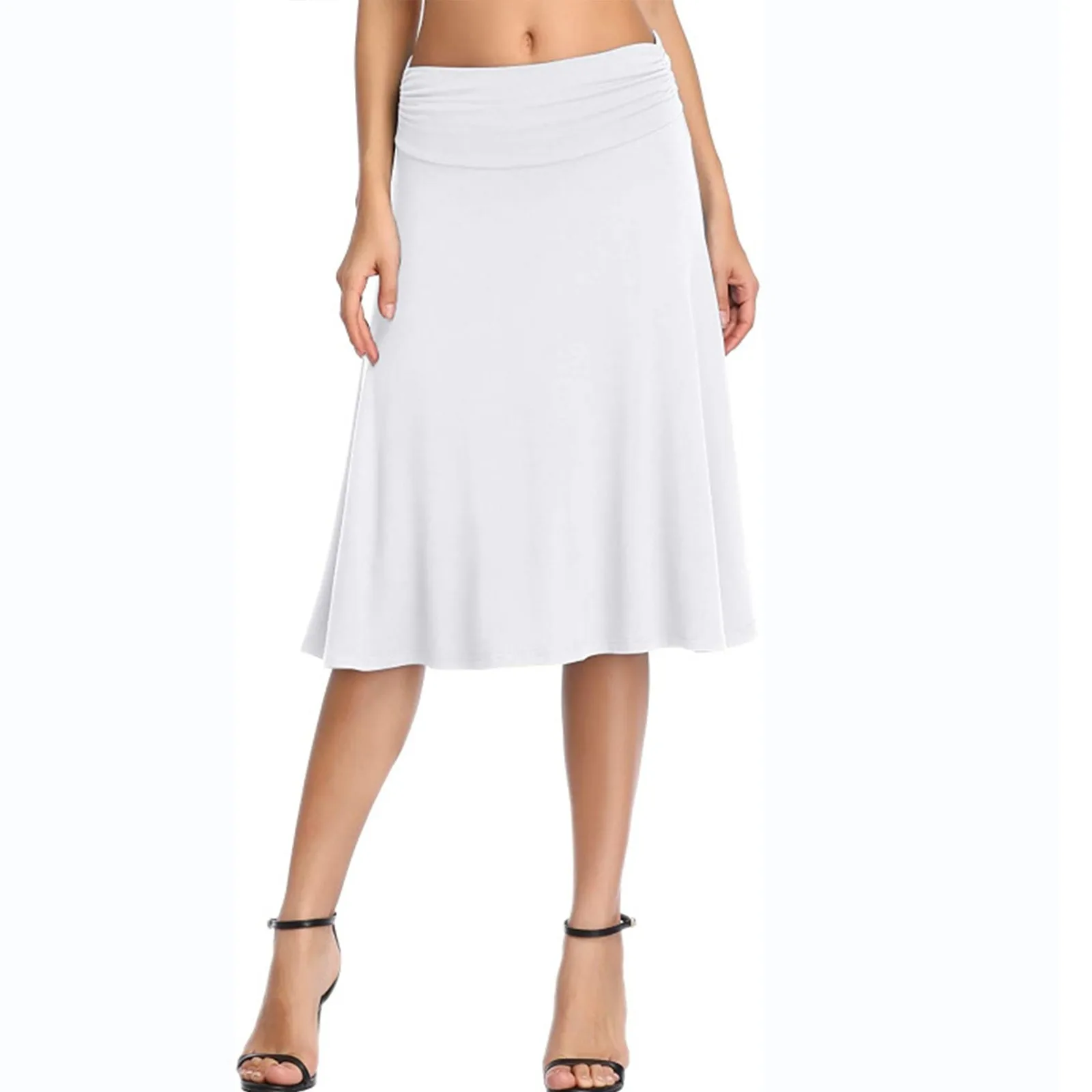 

Mid waisted ruched elegant A-line skirt solid color comfortable knee length skirts versatile casual commuting skirt women