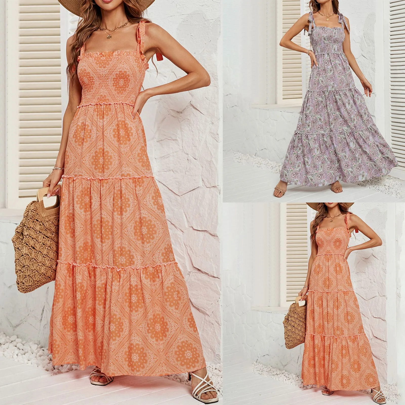 

Vantage Printed Slings Long Maxi Dress for Women High Waisted Slim Elegant Cake Dresses Sleeveless Vacation A-Line Dress