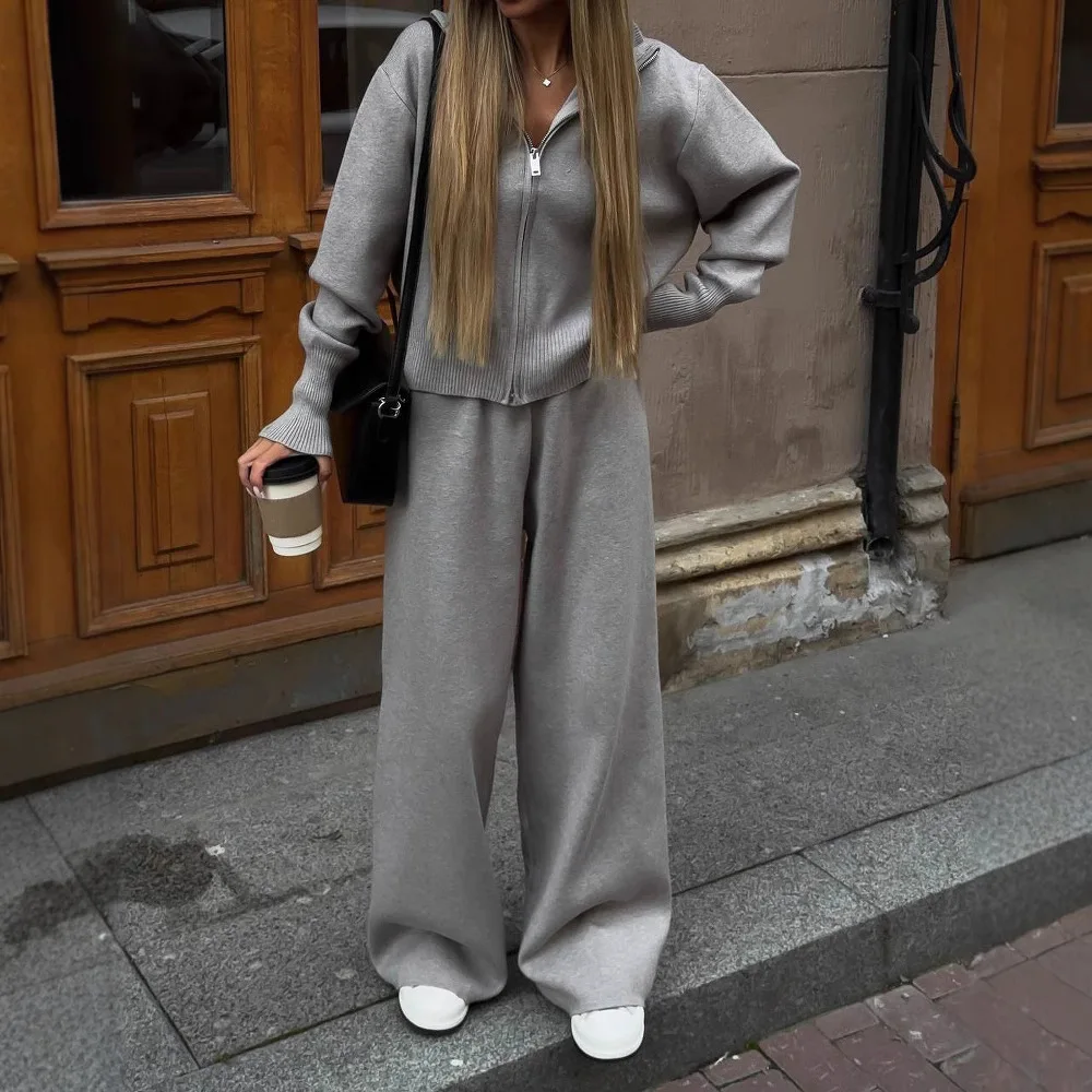 Zekye Women's Knitted Tracksuit Set Zip Up Stand Collar Cropped Jacket Wide Leg Pants Casual Two Piece Outfit Multiple Colors