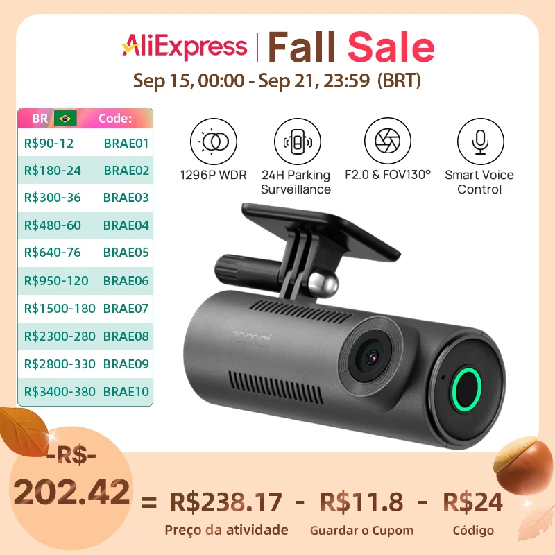 70mai Dash Cam M310 1296P Visão noturna F2.0 Abertura 70mai M310 Carro DVR 24H Monitor de estacionamento WIFI e controle por aplicativo