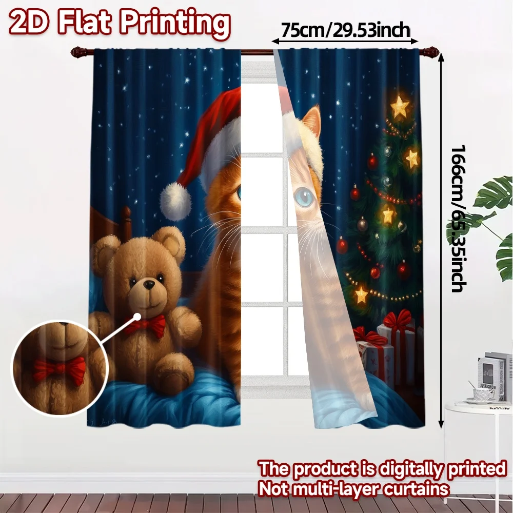 2pcs,Curtains Cute Kitten Christmas Bed Popular Light Filtering Curtains Yarn Curtains Room Decor for Living Room, Home
