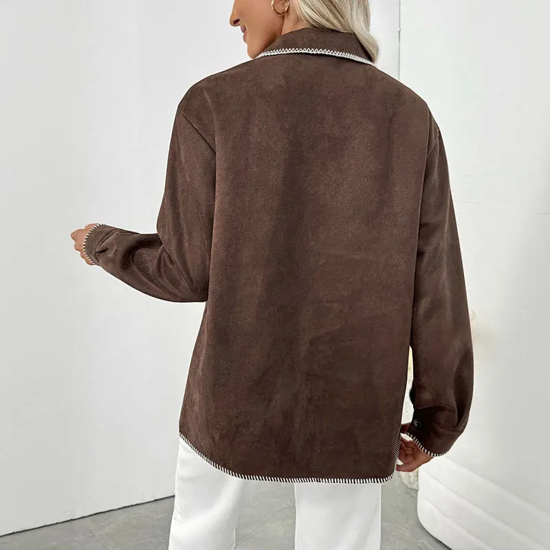 2025 New Autumn/winter Women's Fashion Casual Joker Retro Trim Color Matching Lapel Loose Shirt Jacket Ladies