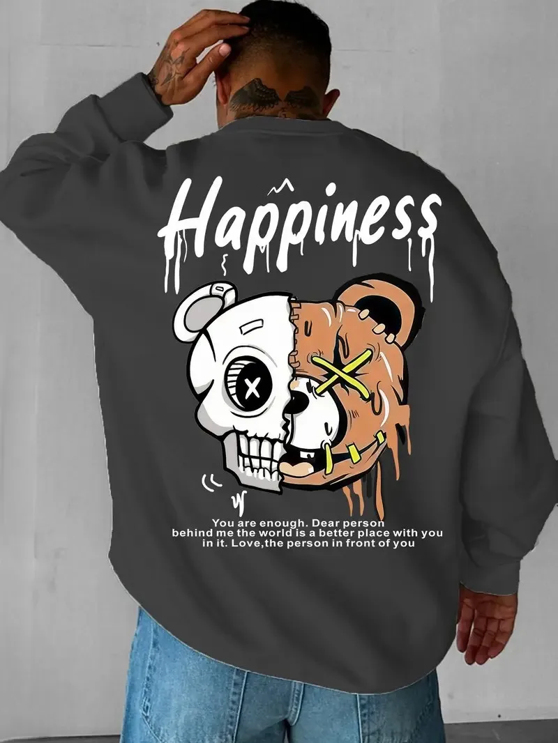 يتميز القلنسوة الرجالية الجديدة ذات الرقبة المستديرة لربيع وخريف 2025 بطباعة دب ثلاثية الأبعاد غير رسمية ومريحة في الشارع