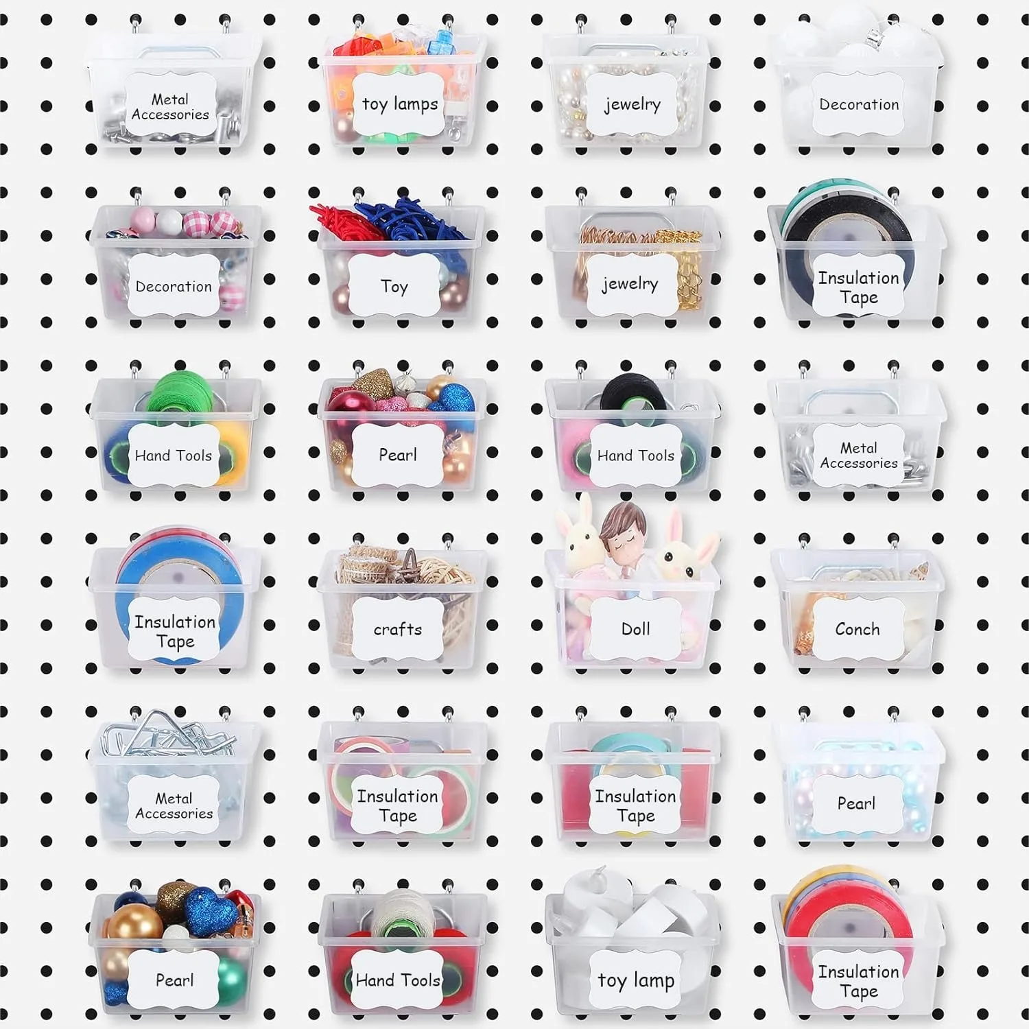 

24 Clear Pegboard Baskets and Bins with Hooks, Sticker Labels & Pen for Garage Tool Storage, Office Wall, Craft Supplies