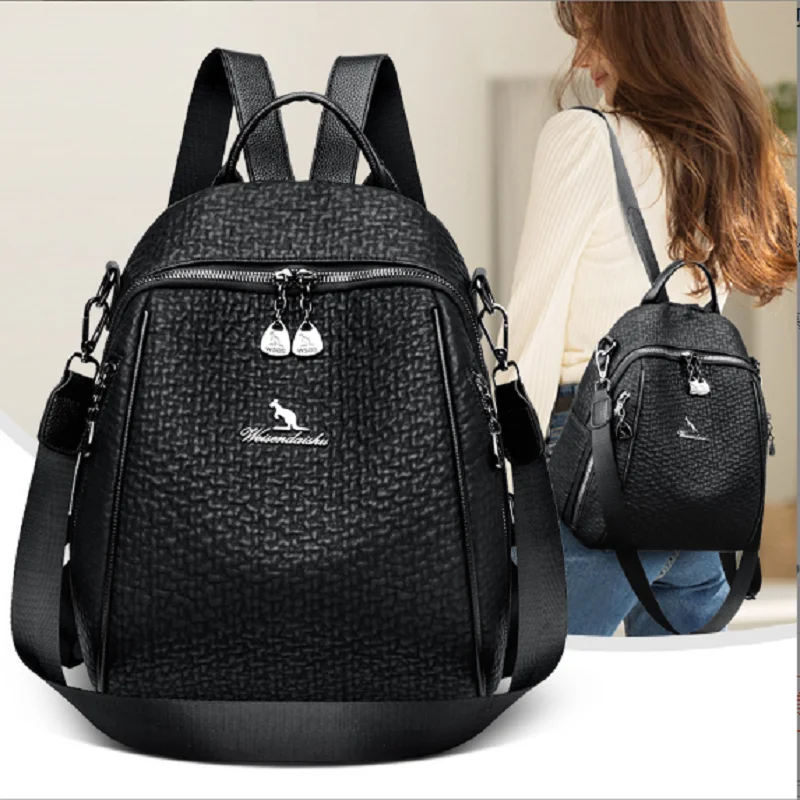 Wholesale High Quality Soft Leather Backpacks Women Zipper Double Shoulder Bags Large Capacity Fashion Travel Backpack Schoolbag