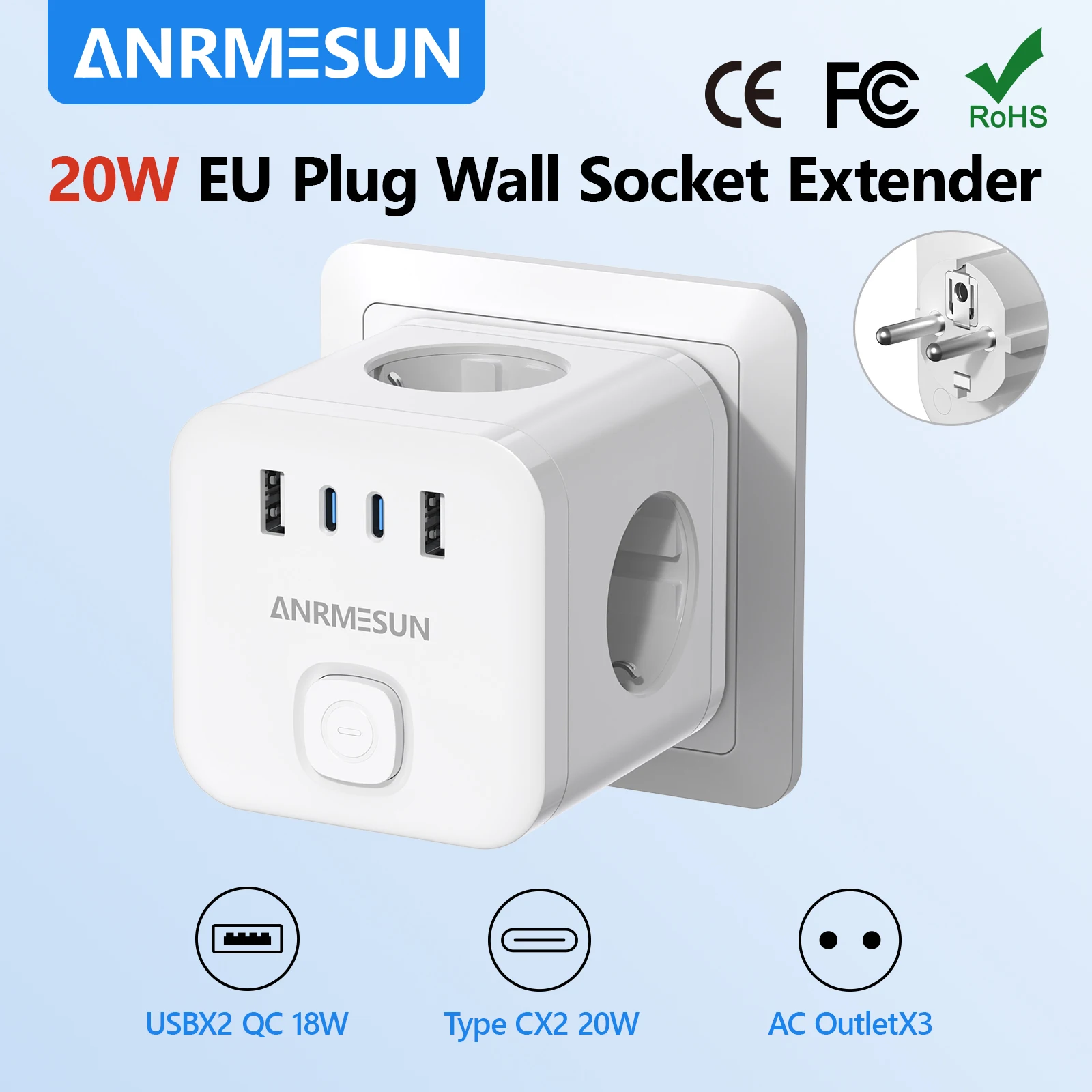 

Адаптер Power Strip Cube с переключателем 3 розетки 2 порта USB A 2 типа C Портативная розетка Настенная розетка Удлинитель Зарядное устройство для путешествий 3840 Вт