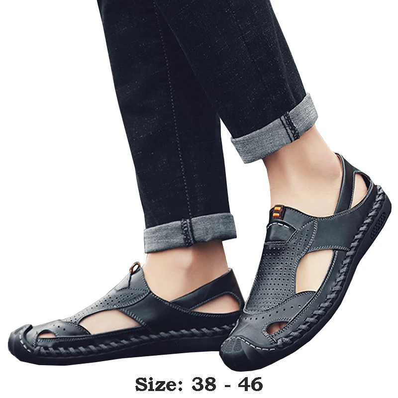 

High quality leather flat sandals for men round toes new summer 2024 size 45 46 casual outdoor walking big size shoe black brown