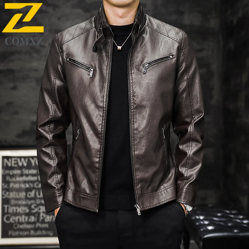 

COMXZ Premium Mens Leather Jacket Fleece Lined Warm Leather Coat Winter Korean Style Trendy Stand Collar Motorcycle Workwear ​