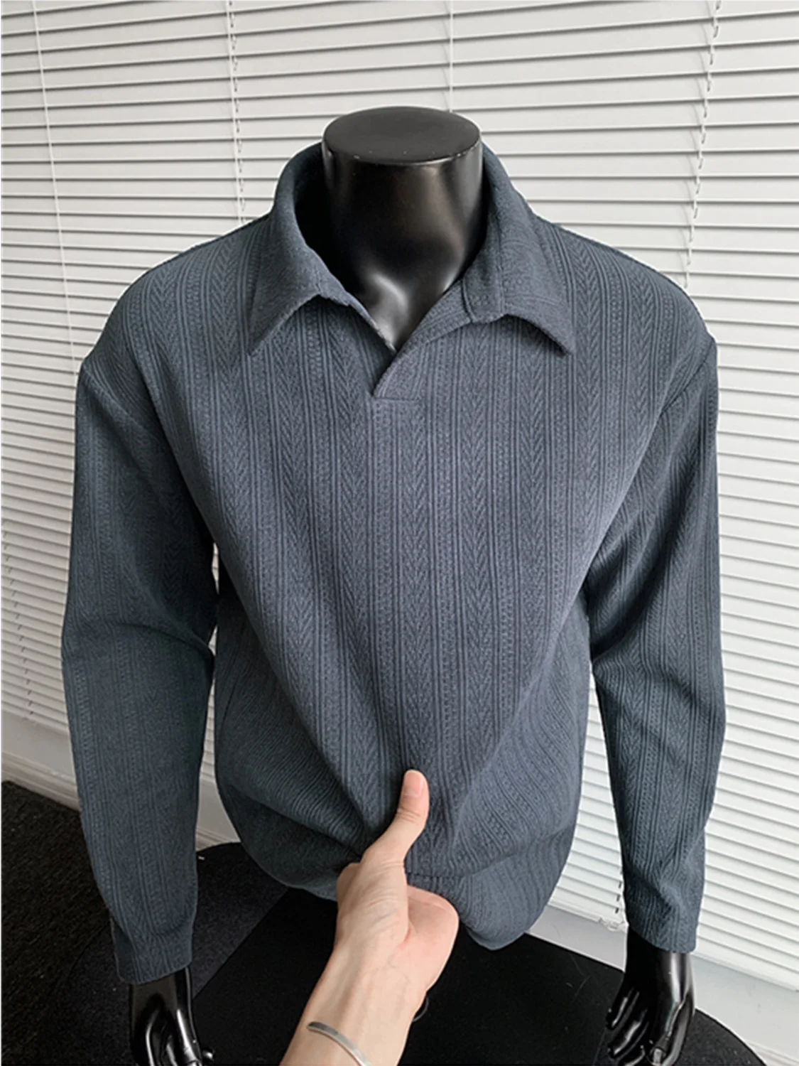 Cleanfit Dark Grey Wheat Pattern  Shirt Men's Long Sleeve American Style T-Shirt High Collar Sweatshirt Autumn Wear