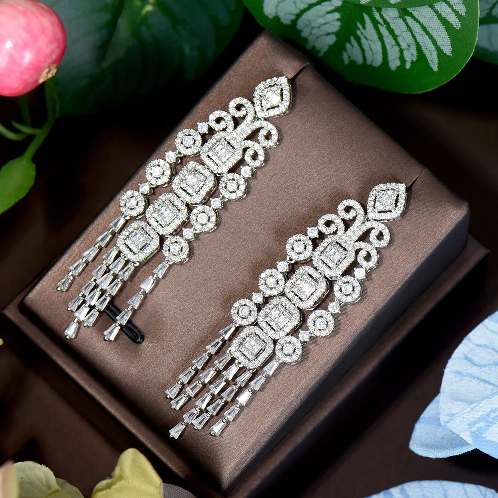 

HIBRIDE Elegant Bright Cubic Zirconia Long Dangle Drop Earrings For Women Engagement Party Jewelry Bridal Accessories E-791