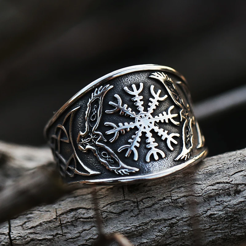 Compass Nordic viking odin symbol Raven Rune Vegvisir 316L Stainless steel Ring With Valknut Boyfriend Gift For Man V191