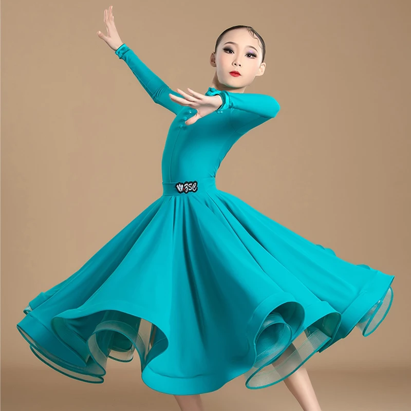 New National Standard Ballroom Dance Costume Girls Long Sleeves Latin Dance Professional Dress Waltz Modern Dancing Wear XS7861