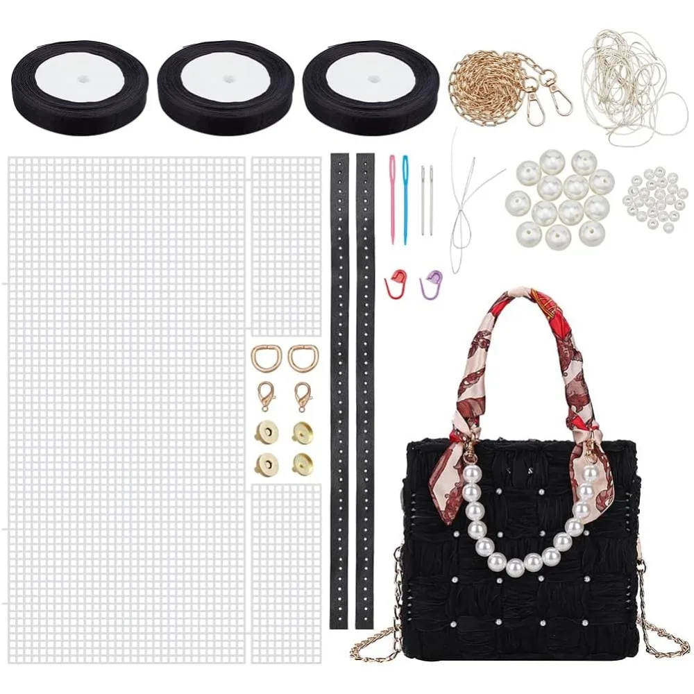 DIY Ribbon Knitting Women's Handbag Kits, Including Plastic Mesh Canvas Sheets, Shoulder Strap, Bag Handle, Magnetic Clasp, Wax