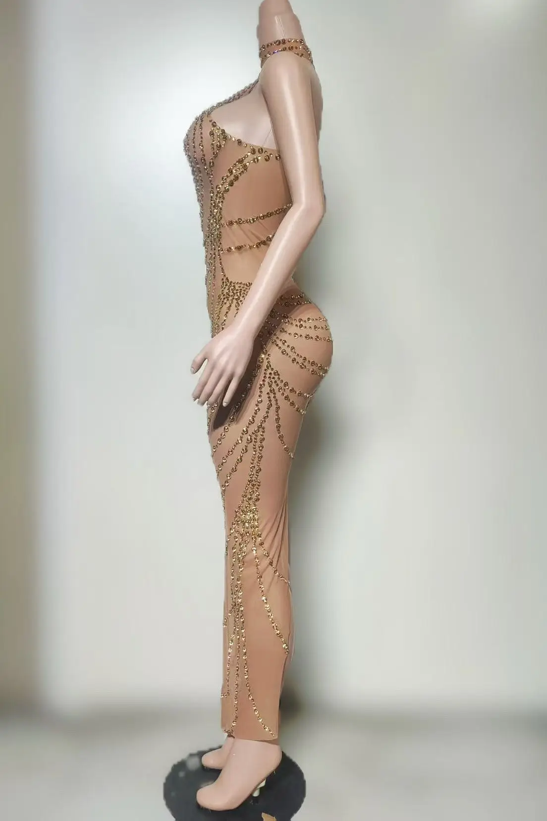 Qianceng Роскошное женское платье без рукавов с золотой бриллиантовой цепочкой, перспективное сетчатое платье знаменитости, платья для дня рождения, свадьбы, банкета, выпускного вечера