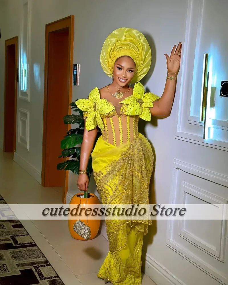 Robe de soirée jaune style Ankara pour femmes, dentelle perlée, Aso Ebi, robe de Rh, invité de mariage africain initié, quelle que soit, 2025