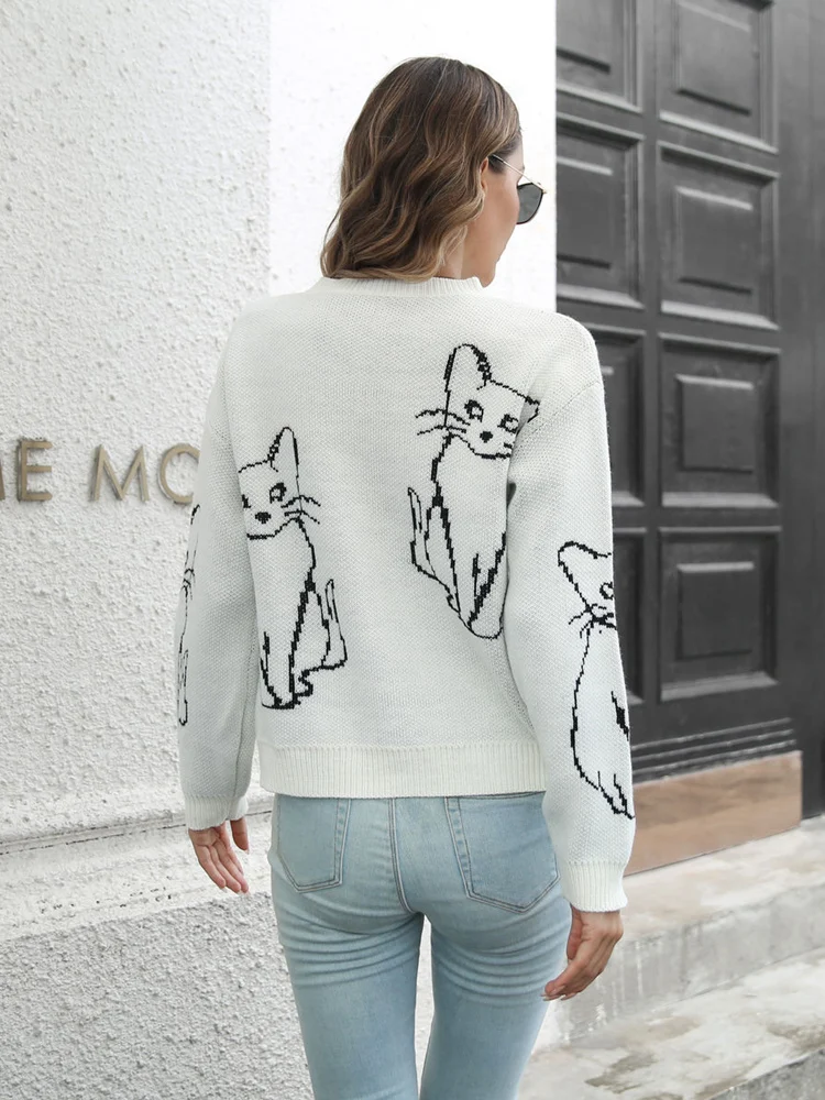 New Autumn Fashion Women Knitted Sweater Y2k Retro Cat Jacquard Pullover Female Long Sleeve Cartoon Anime Loose Jumpers Knitwear